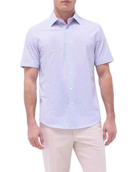 Bugatchi White Miles Ooohcotton Geo Print Short Sleeve Button-Up Shirt for men
