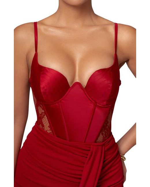 JLUXLABEL Red Incomparable Lace Inset Satin Bodysuit