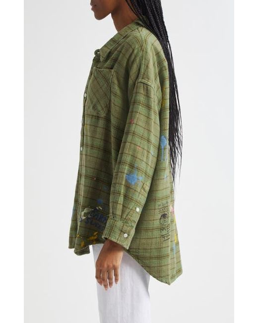 R13 Green Drop Neck Paint Splatter Scribble Plaid Button-Up Shirt