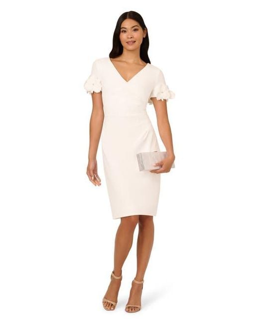Adrianna Papell White 3D Flower Cuff Crepe Faux Wrap Dress