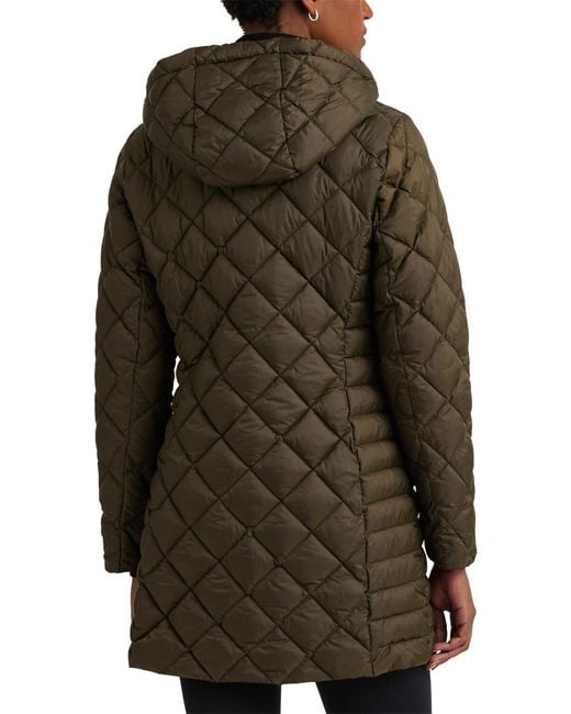 Lauren by Ralph Lauren Diamond Quilted Recycled Shell Hooded Long Puffer  Coat in Green