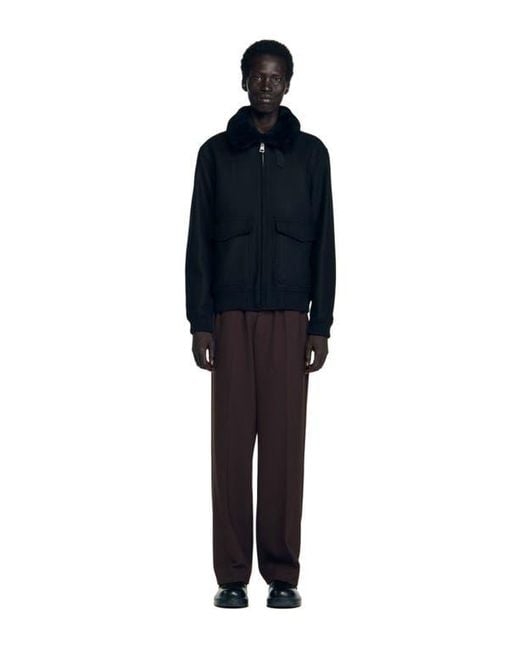 Sandro Blue Wool Aviator Jacket With Shearling for men