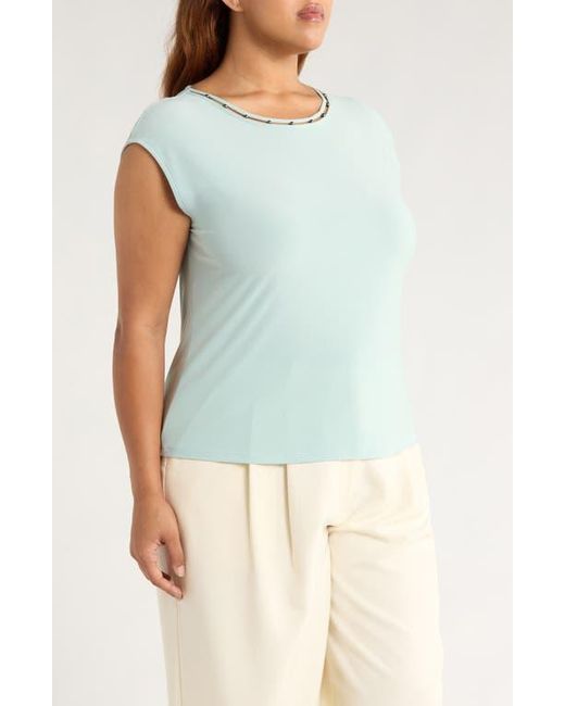 Kasper Blue Beaded Neck Top