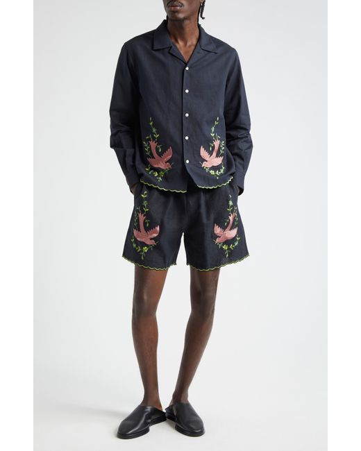 Bode Black Rosefinch Linen Shorts for men