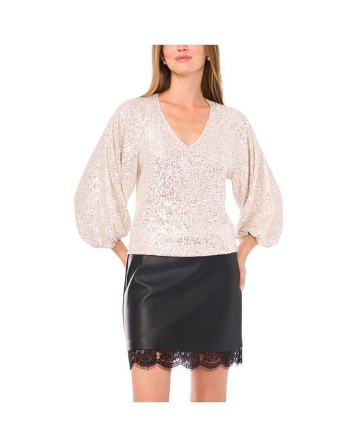 Vince Camuto White Sequin Balloon Sleeve Top