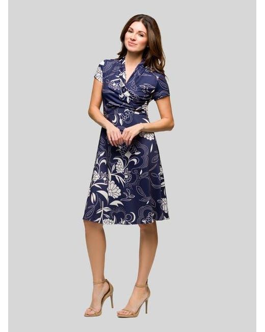 24seven Comfort Apparel Blue Print Short Sleeve Knee Length V-Neck Wrap Dress