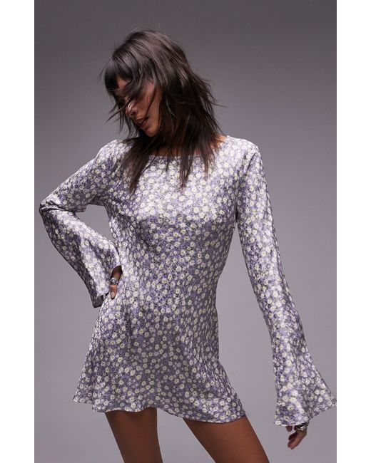 TOPSHOP Gray Floral Long Sleeve Minidress