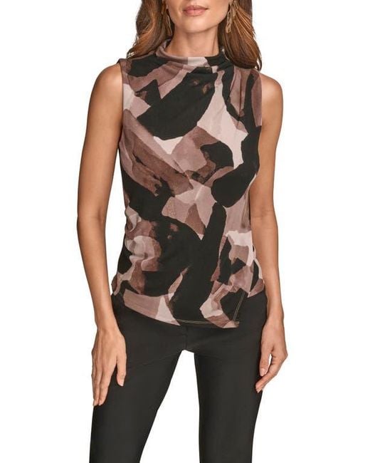 Donna Karan Black Print Mock Neck Sleeveless Top