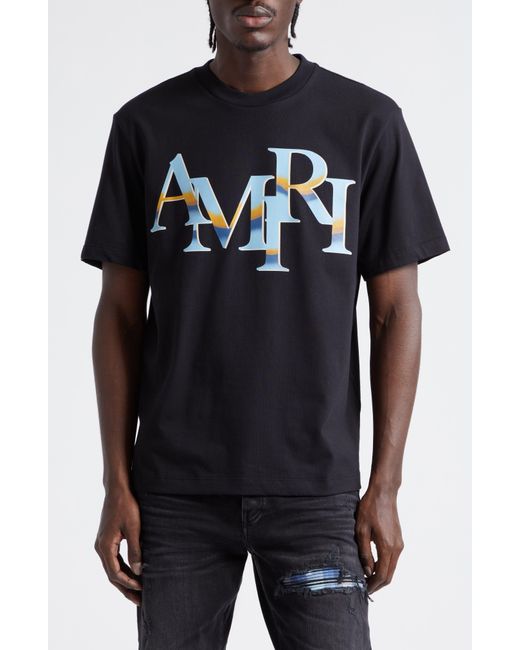 Amiri Black staggered Chrome Logo Cotton Graphic T-shirt for men