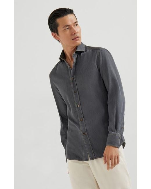 Brunello Cucinelli Gray Spread Collar Shirt for men