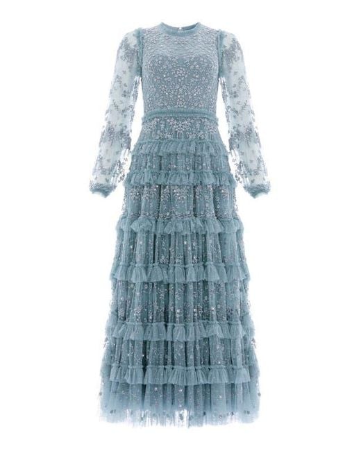 Needle & Thread Gray Blossom Long Sleeve Lace Ankle Gown
