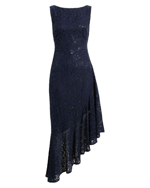 Eliza J Sequin Lace Asymmetric Hem Cocktail Dress In Blue Lyst 2874