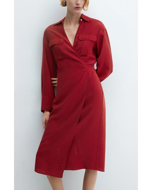 Mango Red Long Sleeve Wrap Dress