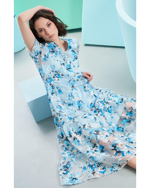 Ming Wang Blue Tiered A-line Maxi Dress