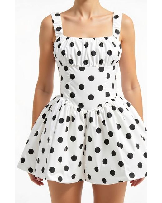 Modenaire White Polka Dot Gathered Bust Flared Corset Bodice Mini Dress