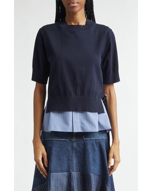 Sacai Mixed Media Poplin & Knit Sweater in Blue | Lyst