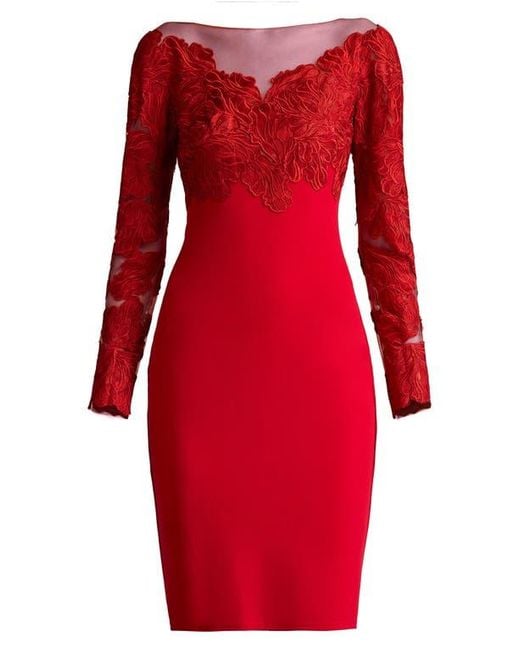 Tadashi Shoji Red Lace Bodice Long Sleeve Cocktail Sheath Dress