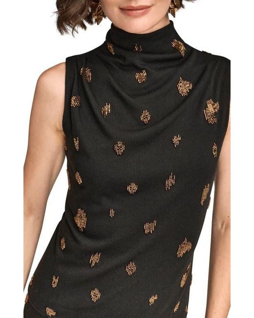 Donna Karan Black Embellished Ruched High Neck Sleeveless Knit Top