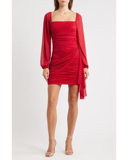 Jump Apparel Red Metallic Drape Front Long Sleeve Minidress