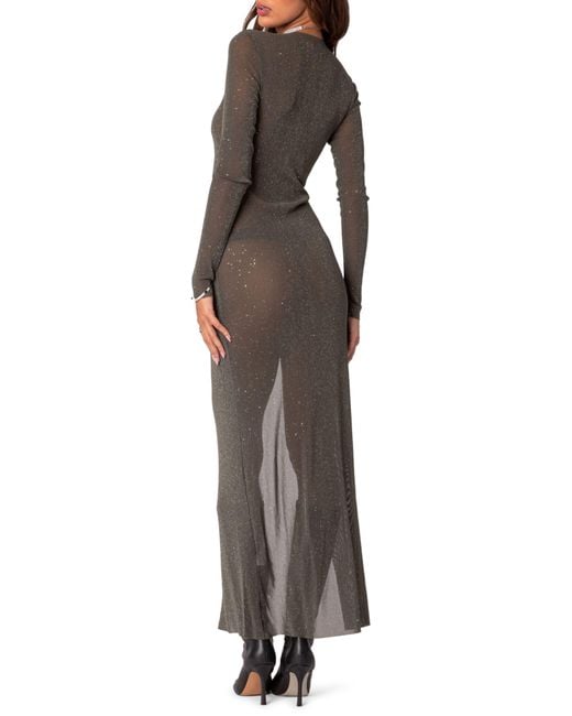 Edikted Black Glitter Side Slit Long Sleeve Mesh Maxi Dress