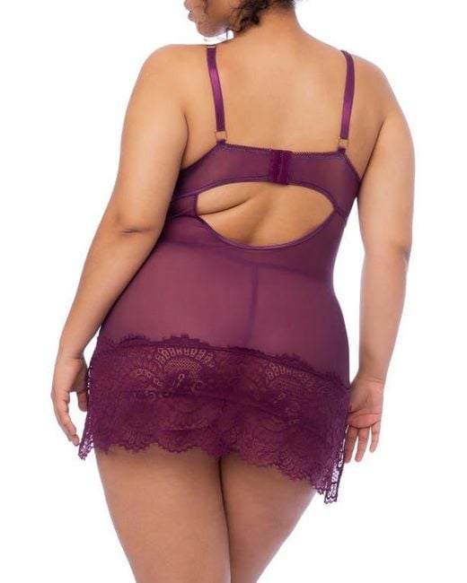 MAPALE Purple Lace Trim Babydoll Chemise & G-String Set