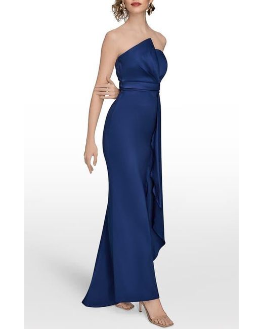 Donna Karan Blue Asymmetric Strapless Satin Gown