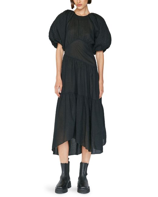 FRAME Puff Sleeve Cotton Seersucker Tiered Dress in Black | Lyst