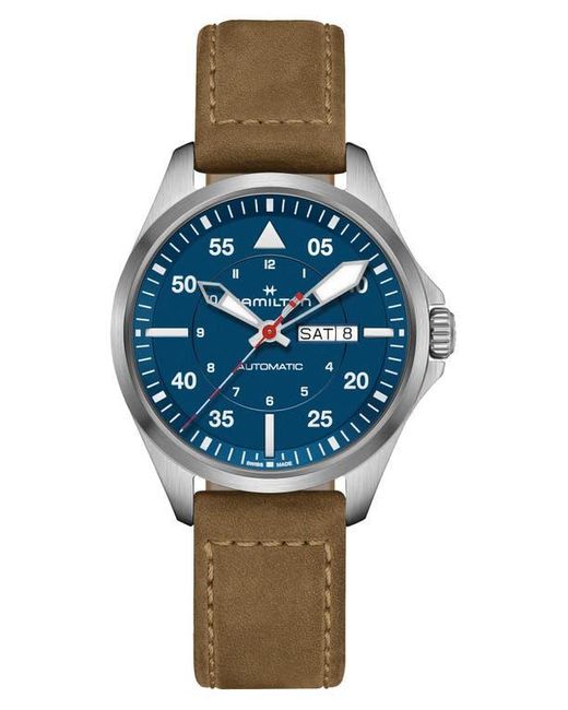 Hamilton Blue Khaki Aviation Pilot Automatic Leather Strap Watch, 42Mm for men