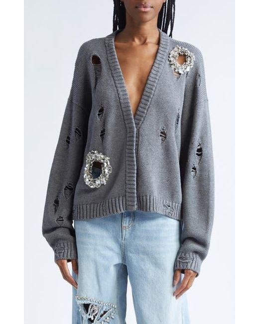 Area Gray Distressed Crystal Cotton & Cashmere Cardigan