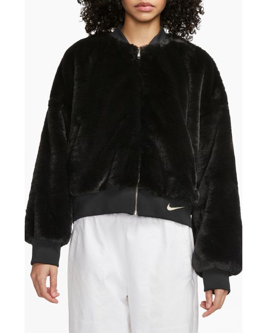 Nike Black Sportswear Reversible Faux Fur Bomber Jacket