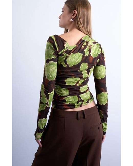 TOPSHOP Green Abstract Floral Asymmetric Neck Top