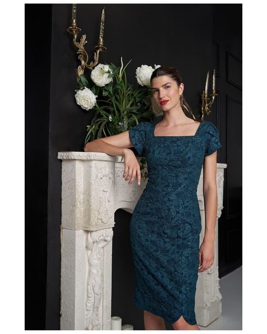 JS Collections Blue Floral Jacquard Sheath Dress