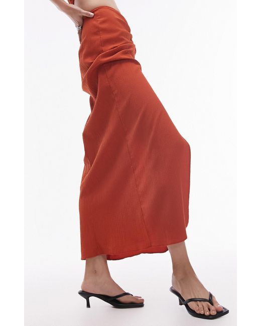 TOPSHOP Red Ruched Midi Skirt