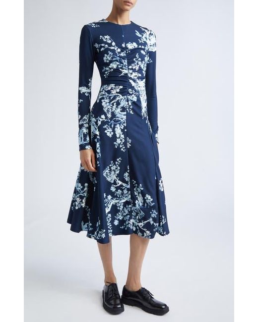 Erdem Blue Gathered Floral Print Jersey Midi Dress