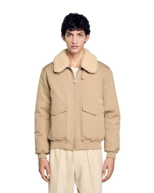 Sandro Natural Shearling Collar Aviator Jacket for men