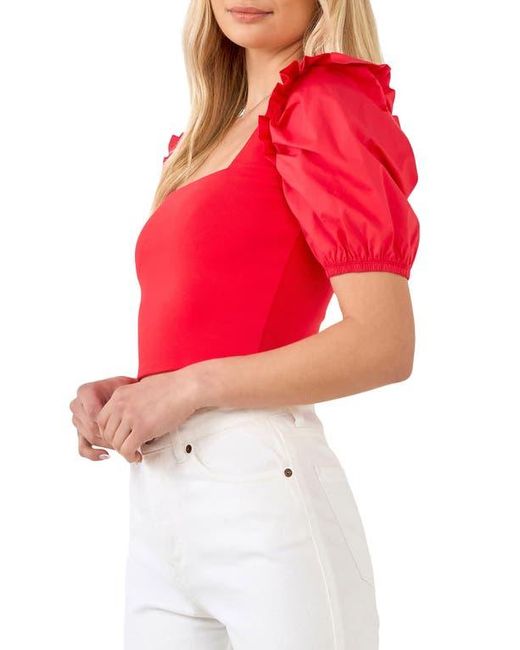 English Factory Red Mixed Media Puff Sleeve Crop Top