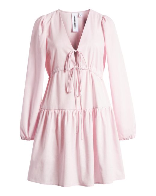 Something New Pink Tie Front Long Sleeve Tiered Dress
