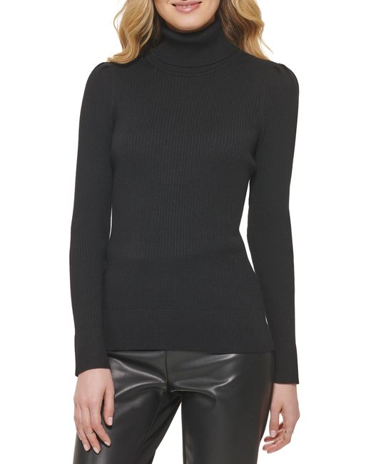 DKNY Puff Sleeve Rib Turtleneck Sweater in Black | Lyst