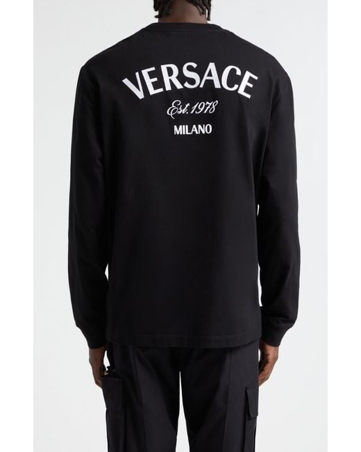 Versace Black Milano Stamp Embroidered Cotton T-shirt for men