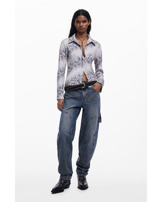 Desigual Blue Textured Snakeskin Print Button-Up Shirt