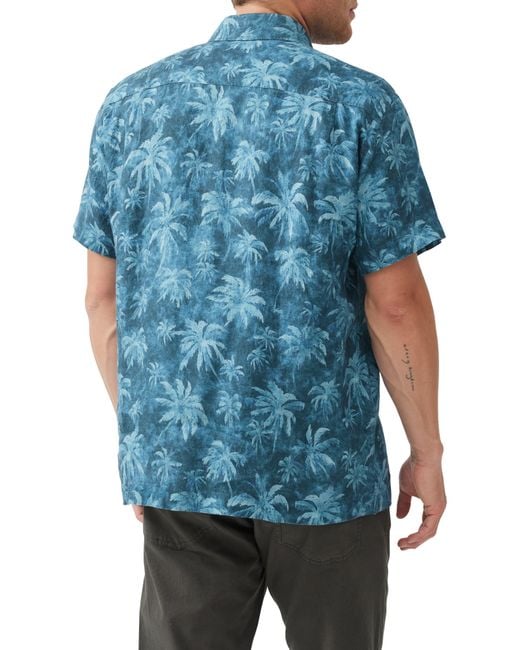 Rodd & Gunn Blue Destiny Bay Palm Tree Print Short Sleeve Linen Button-up Shirt for men