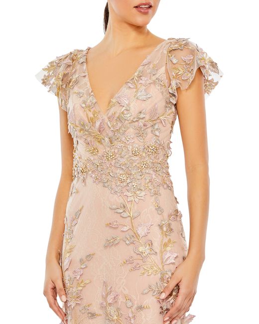Mac Duggal Natural Embroidered Floral Appliqué Flutter Sleeve Gown