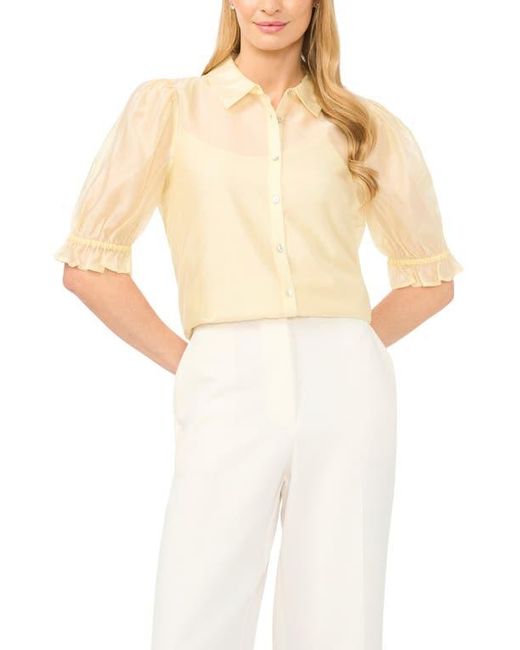 Halogen® White Puff Sleeve Semi Sheer Button-Up Top