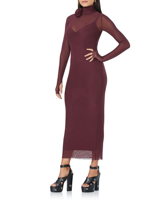 AFRM Red Shailene Rosette Long Sleeve Sheer Dress