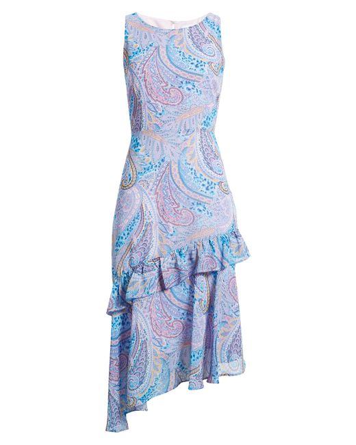 Sam Edelman Blue Paisley Asymmetric Ruffle Dress