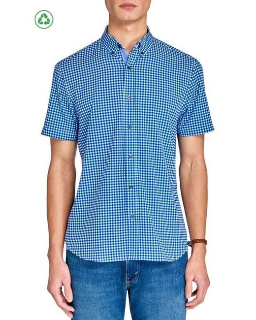 Con.struct Blue Slim Fit Mini Check Recycled 4-Way Stretch Performance Short Sleeve Shirt for men