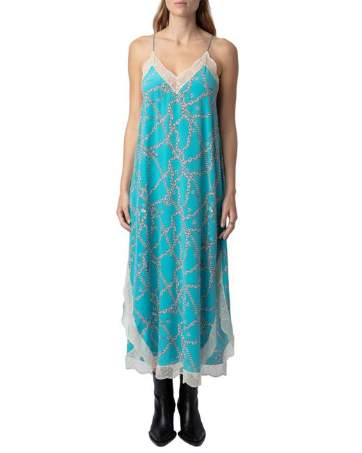 Zadig & Voltaire Blue Ristyl Chaines Lace Trim Silk Maxi Dress