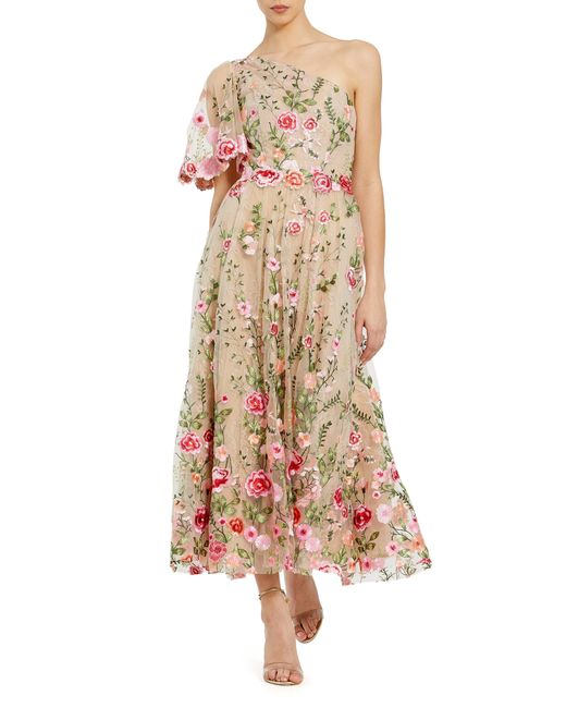 Mac Duggal Natural Floral Embroidery One-shoulder Cocktail Dress