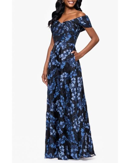 Betsy & Adam Blue Embroidered Floral Off The Shoulder Gown