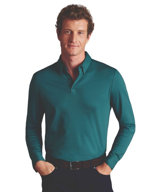 Charles Tyrwhitt Green Plain Long Sleeve Jersey Polo for men